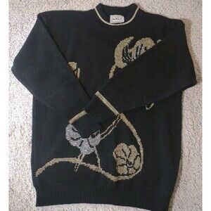 Vintage Adele Knitwear Black Gold Floral Embroidery Size M Made In USA
